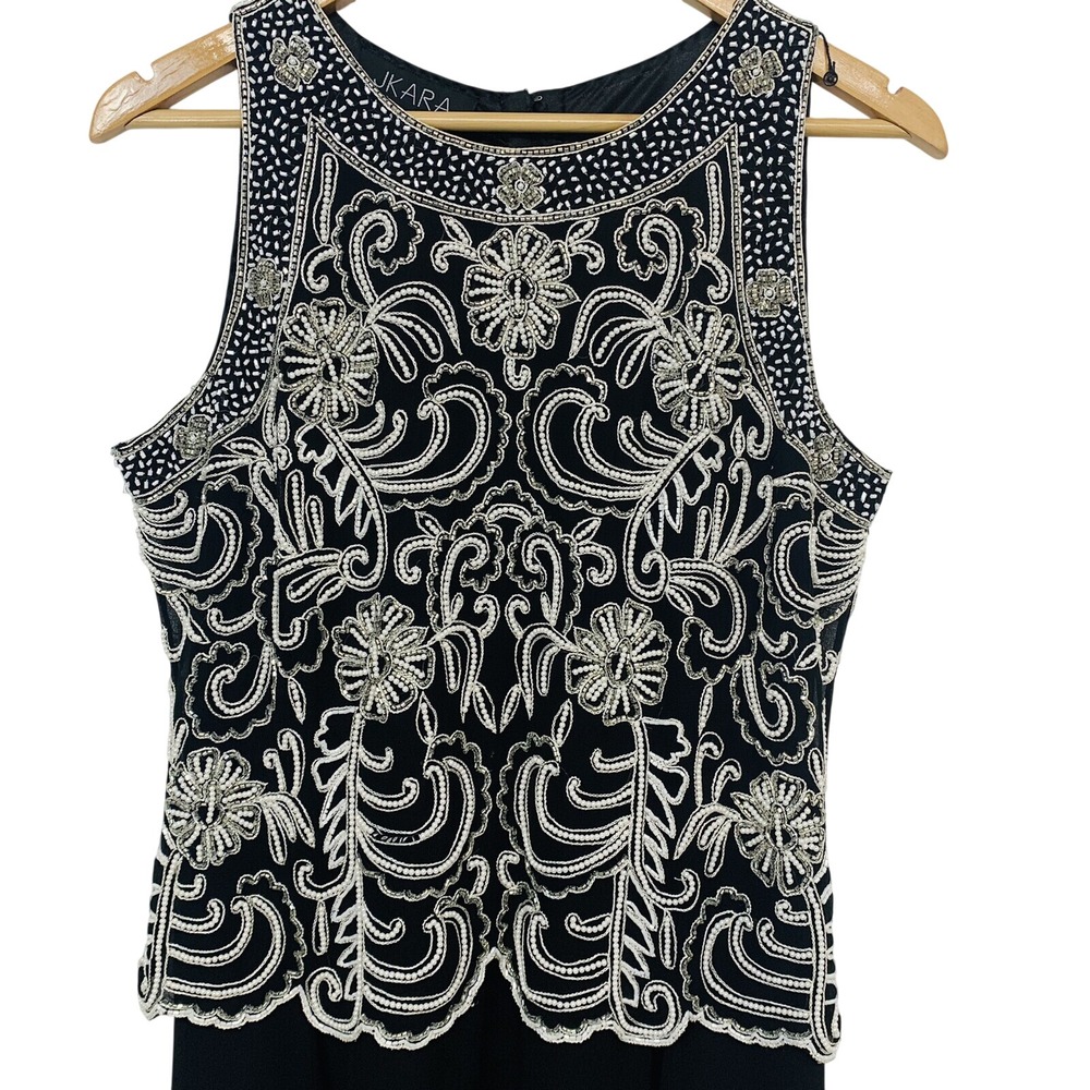 Jkara Evening Gown 8 Black Beaded Floral Sleeveless Black Chiffon Formal Event